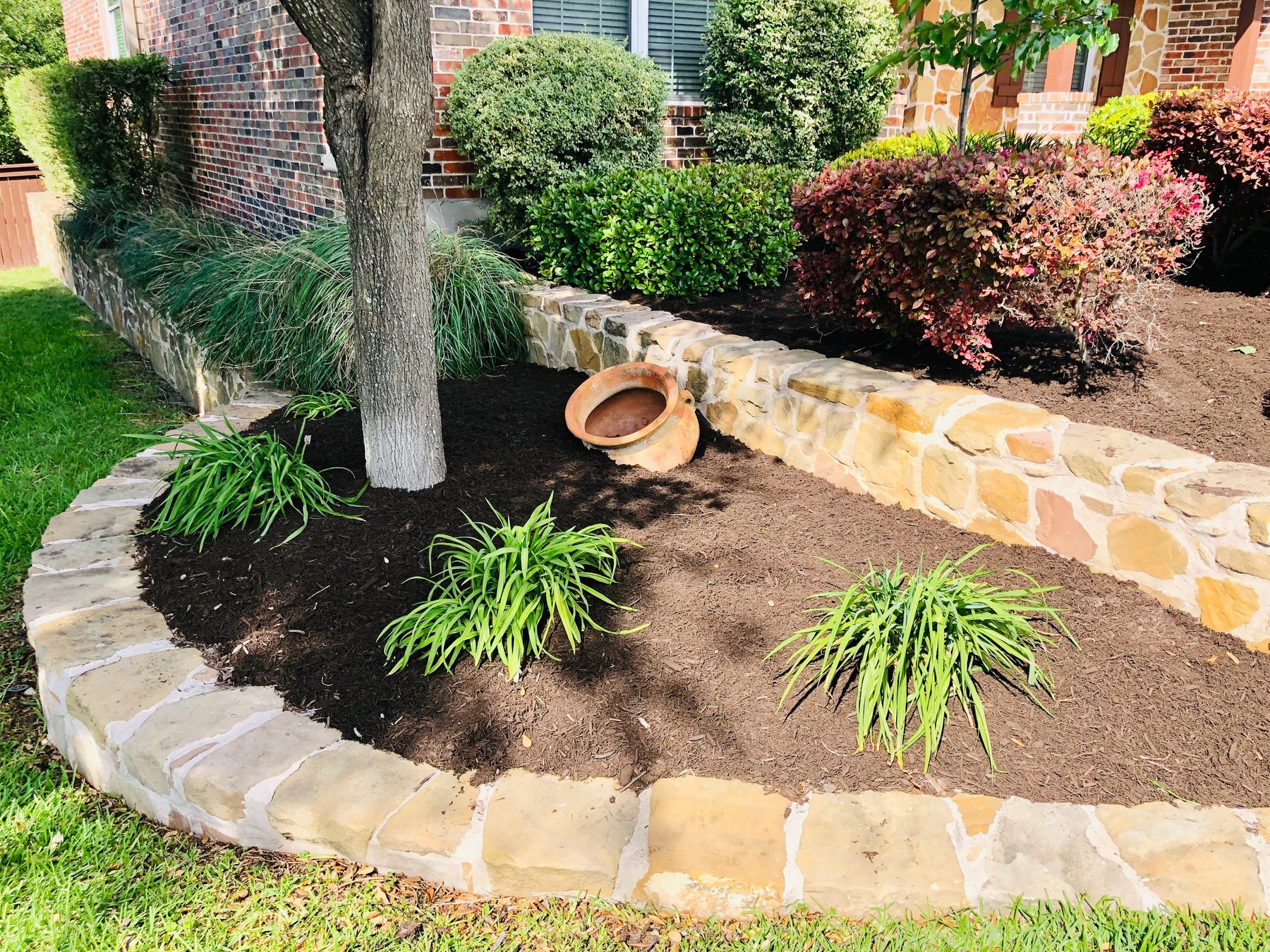 Curved stone bed with fresh mulch and plantings at a Metro Austin home